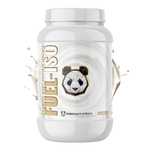 A white plastic tub of Pandas Supplements Fuel-ISO Premium Whey Protein Isolate on a white background with stylized cream-colored liquid splashes on both sides.