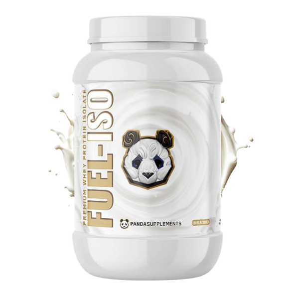 A white plastic tub of Pandas Supplements Fuel-ISO Premium Whey Protein Isolate on a white background with stylized cream-colored liquid splashes on both sides.