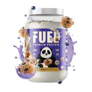 Tub of Panda Supps FUEL Premium Protein in the blueberry muffin flavor with panda character and muffin graphics on a white background