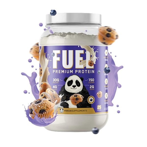 Tub of Panda Supps FUEL Premium Protein in the blueberry muffin flavor with panda character and muffin graphics on a white background