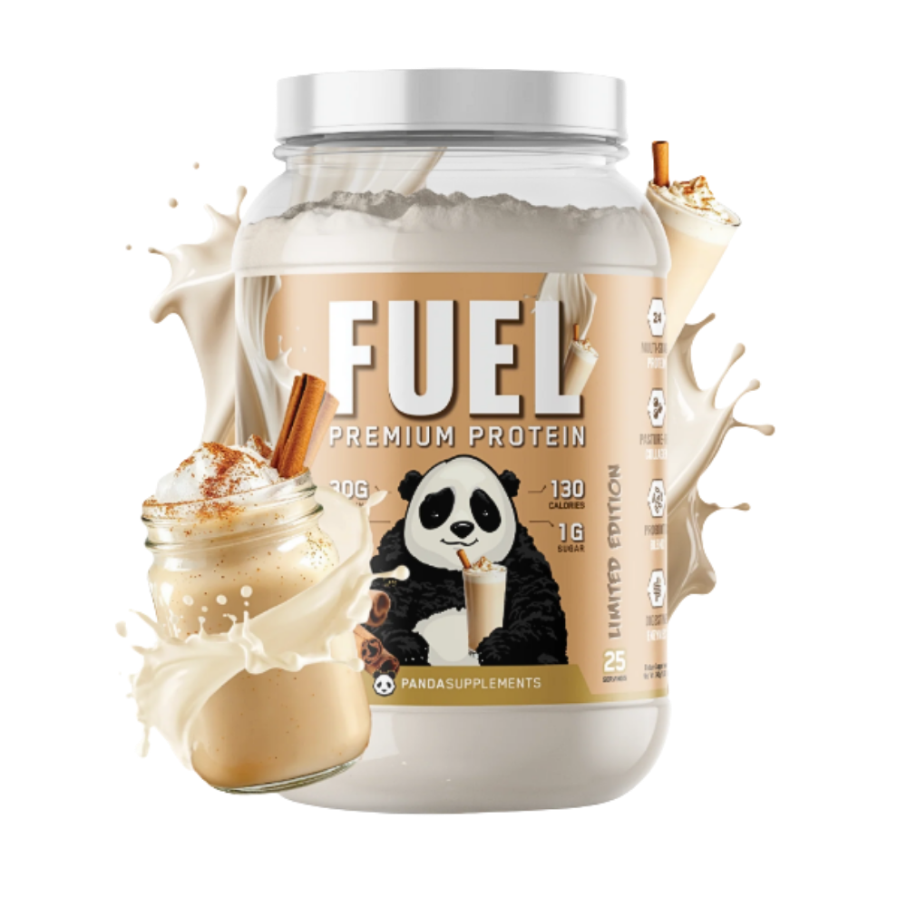 Fuel Premium Protein container in the marshmallow crisp flavor with panda design on a white background