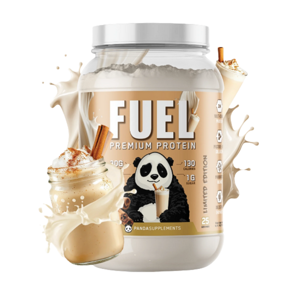Fuel Premium Protein container in the horchata flavor with panda design on a white background