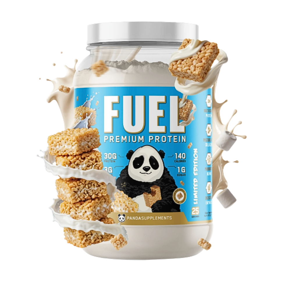 Fuel Premium Protein container in the marshmallow crisp flavor with panda design on a white background