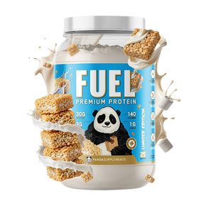 Fuel Premium Protein container in the marshmallow crisp flavor with panda design on a white background