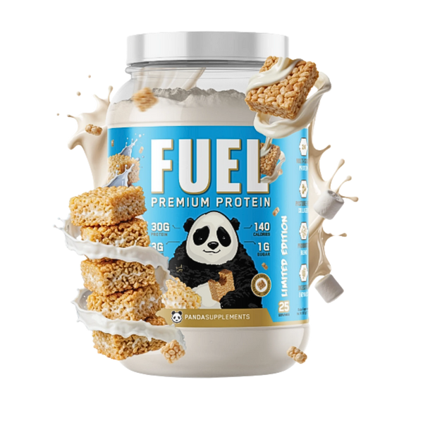 Fuel Premium Protein container in the marshmallow crisp flavor with panda design on a white background