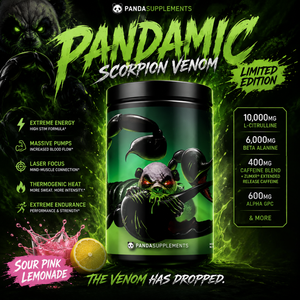 Promotional graphic for PANDA SUPPS Pandamic Scorpion Venom Limited Edition pre-workout featuring a black and neon green design with an aggressive venom-themed panda character, glowing green effects, Sour Pink Lemonade flavor splash, and supplement tub in the center. The image highlights extreme energy, massive pumps, laser focus, thermogenic heat, and endurance support in a gritty gym-style aesthetic.