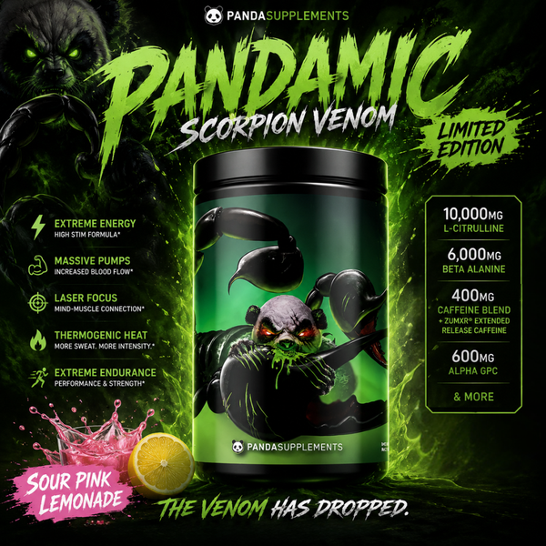 Promotional graphic for PANDA SUPPS Pandamic Scorpion Venom Limited Edition pre-workout featuring a black and neon green design with an aggressive venom-themed panda character, glowing green effects, Sour Pink Lemonade flavor splash, and supplement tub in the center. The image highlights extreme energy, massive pumps, laser focus, thermogenic heat, and endurance support in a gritty gym-style aesthetic.