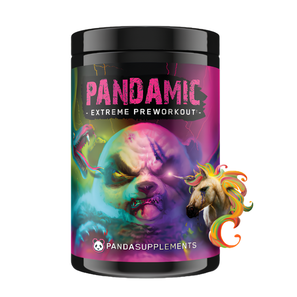 Pandamic Extreme Preworkout supplement container with colorful design and panda branding.