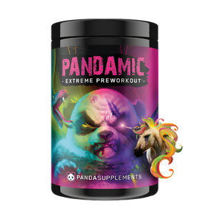 Pandamic Extreme Preworkout supplement container with colorful design and panda branding.