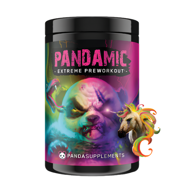 Pandamic Extreme Preworkout supplement container with colorful design and panda branding.