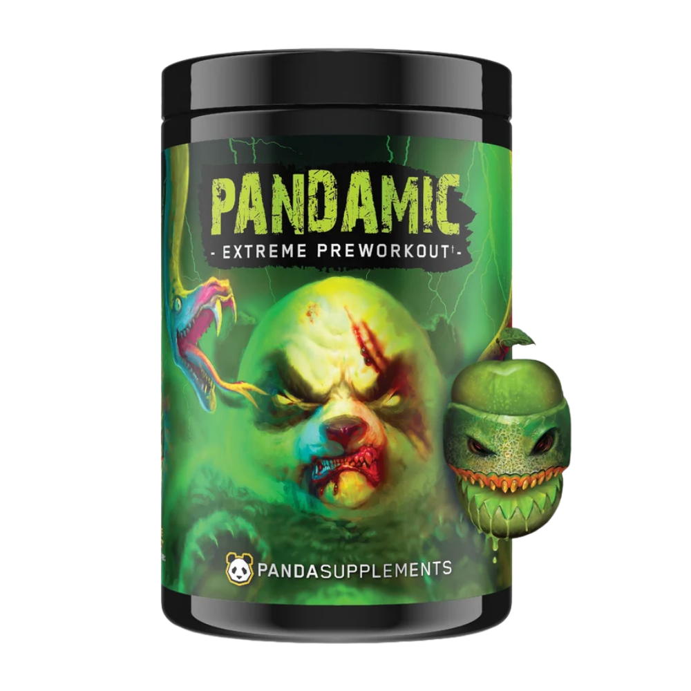 Pandamic Extreme Preworkout supplement container with colorful design and panda branding.