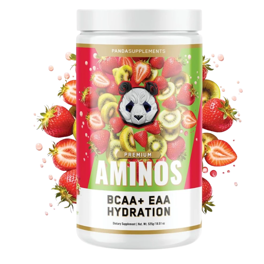 A white plastic bottle of Pandas Supplements Premium Aminos BCAA + EAA Hydration dietary supplement, featuring a colorful label with a panda graphic and fresh fruit illustrations, set against a white background with floating strawberry splatters.