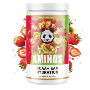 A white plastic bottle of Pandas Supplements Premium Aminos BCAA + EAA Hydration dietary supplement, featuring a colorful label with a panda graphic and fresh fruit illustrations, set against a white background with floating strawberry splatters.