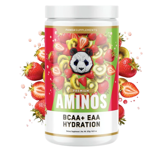 A white plastic bottle of Pandas Supplements Premium Aminos BCAA + EAA Hydration dietary supplement, featuring a colorful label with a panda graphic and fresh fruit illustrations, set against a white background with floating strawberry splatters.