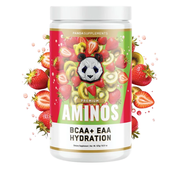 A white plastic bottle of Pandas Supplements Premium Aminos BCAA + EAA Hydration dietary supplement, featuring a colorful label with a panda graphic and fresh fruit illustrations, set against a white background with floating strawberry splatters.