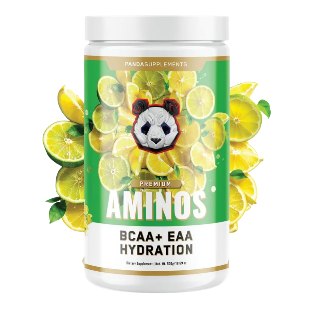 A white plastic bottle of Pandas Supplements Premium Aminos BCAA + EAA Hydration dietary supplement, featuring a colorful label with a panda graphic and fresh fruit illustrations, set against a white background with floating strawberry splatters.