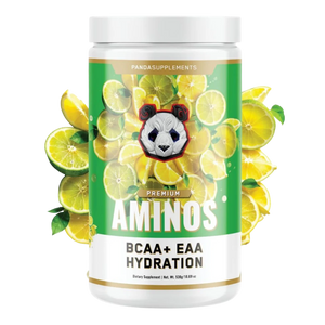 A white plastic bottle of Pandasupplements Premium Aminos BCAA + EAA Hydration dietary supplement, featuring a green and white label with a panda logo and lemon-lime slices on a white background.