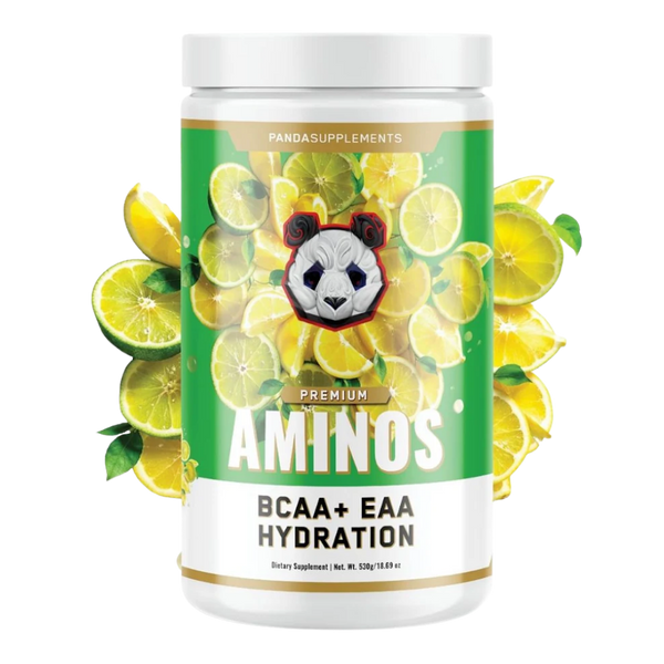A white plastic bottle of Pandasupplements Premium Aminos BCAA + EAA Hydration dietary supplement, featuring a green and white label with a panda logo and lemon-lime slices on a white background.