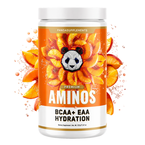 A white plastic bottle of Pandasupplements Premium Aminos BCAA+ EAA Hydration dietary supplement, featuring a vibrant orange label decorated with peach slices and a panda logo, set against a plain white background.