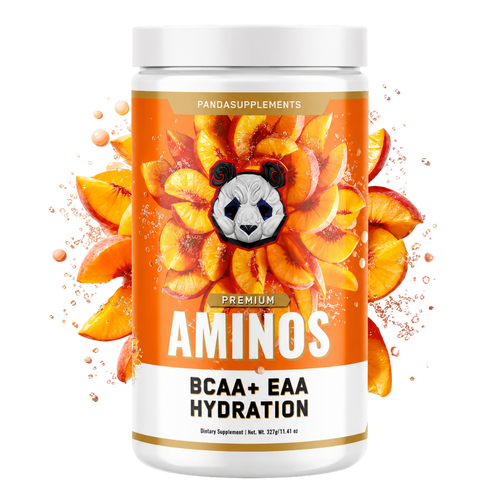 A white plastic bottle of Pandasupplements Premium Aminos BCAA+ EAA Hydration dietary supplement, featuring a vibrant orange label decorated with peach slices and a panda logo, set against a plain white background.