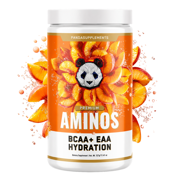 A white plastic bottle of Pandasupplements Premium Aminos BCAA+ EAA Hydration dietary supplement, featuring a vibrant orange label decorated with peach slices and a panda logo, set against a plain white background.