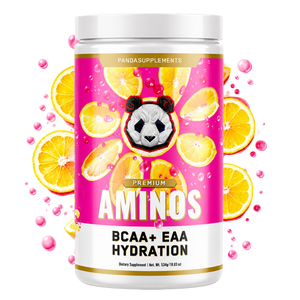 A white plastic tub of Pandasupplements Premium Aminos BCAA+ EAA Hydration dietary supplement, featuring a vibrant pink label decorated with sliced oranges, water droplets, and a panda graphic, set against a plain white background with floating orange slices and pink bubbles.