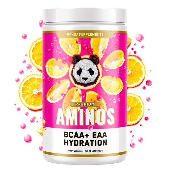 A white plastic tub of Pandasupplements Premium Aminos BCAA+ EAA Hydration dietary supplement, featuring a vibrant pink label decorated with sliced oranges, water droplets, and a panda graphic, set against a plain white background with floating orange slices and pink bubbles.