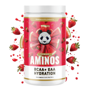 A jar of Pandasupplements Premium Aminos BCAA+ EAA Hydration powder, shown on a white background with strawberry and watermelon graphics surrounding the container.