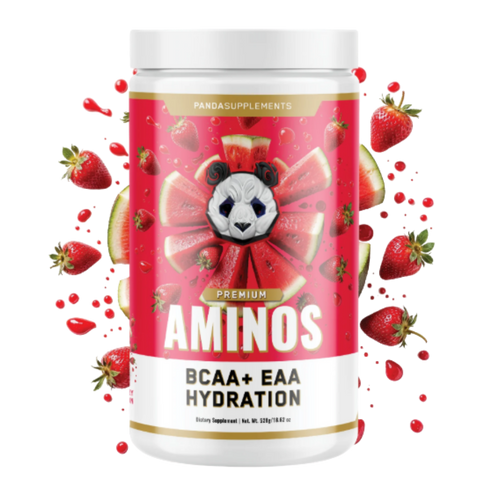 A jar of Pandasupplements Premium Aminos BCAA+ EAA Hydration powder, shown on a white background with strawberry and watermelon graphics surrounding the container.