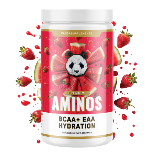 A jar of Pandasupplements Premium Aminos BCAA+ EAA Hydration powder, shown on a white background with strawberry and watermelon graphics surrounding the container.
