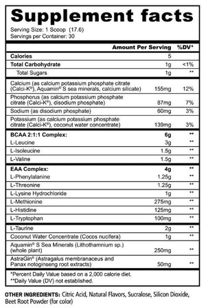 A supplement facts label showing a list of ingredients and nutrients per serving, including calories, total sugars, calcium, potassium, BCAA 2:1:1 Complex, EAA Complex, and other botanical ingredients.
