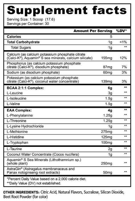 A supplement facts label showing a list of ingredients and nutrients per serving, including calories, total sugars, calcium, potassium, BCAA 2:1:1 Complex, EAA Complex, and other botanical ingredients.