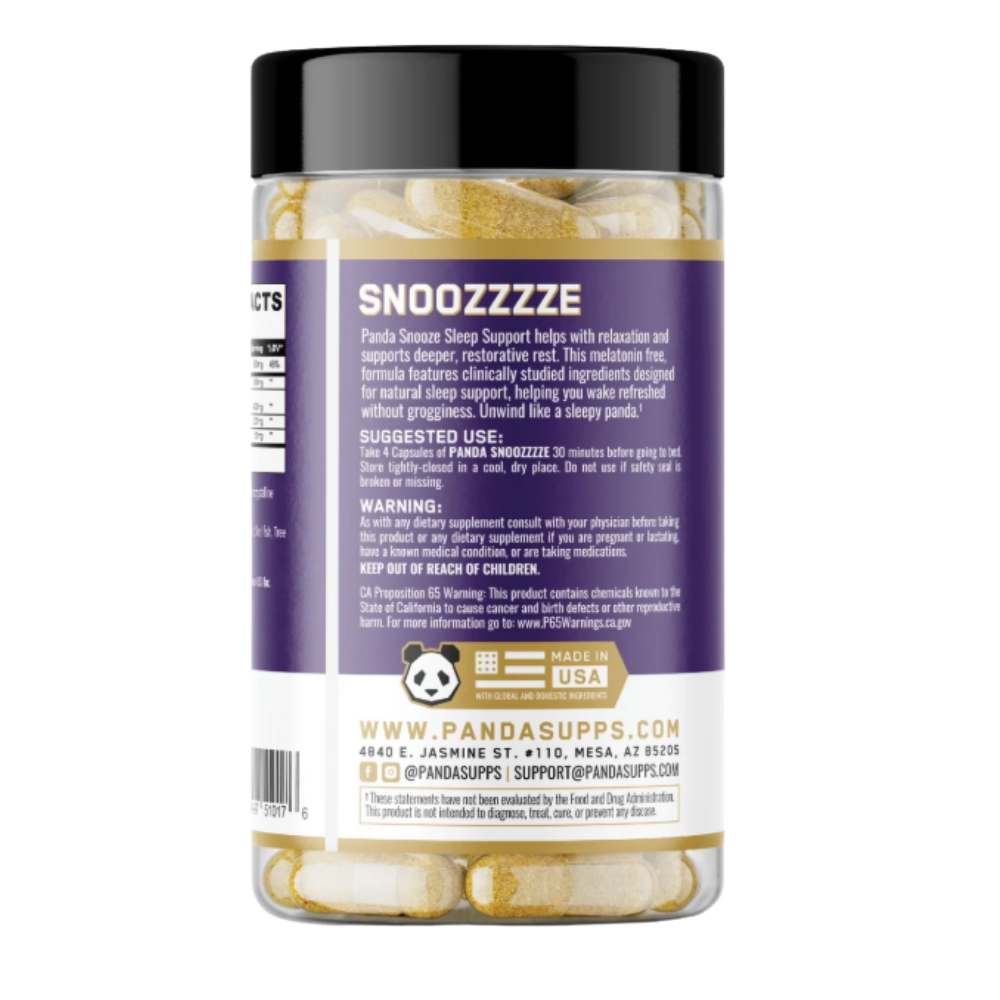 A bottle of Pandasupplements Snozzze Sleep Support dietary supplement capsules, featuring a purple label with a panda logo and a black cap, shown on a white background.