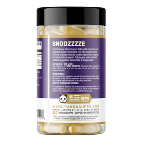 A clear plastic bottle of Snoozzze Panax Ginseng Sleep Support capsules with a black cap and a purple label, shown on a white background.