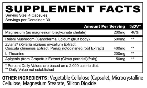 A supplement facts label showing a serving size of 4 capsules, with a table listing magnesium, Reishi Mushroom, Zylaria, L-Theanine, and Apigenin, plus other ingredients at the bottom.