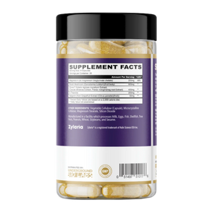 A clear plastic bottle of Zylarid supplement capsules with a black lid and a purple and white label, showing the supplement facts panel on a white background.