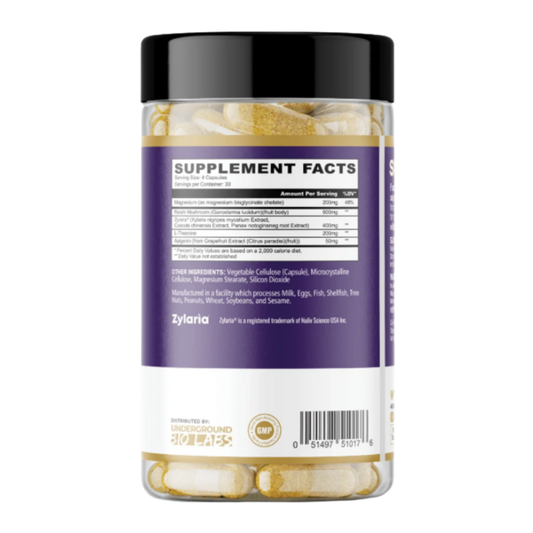 A clear plastic bottle of Zylarid supplement capsules with a black lid and a purple and white label, showing the supplement facts panel on a white background.
