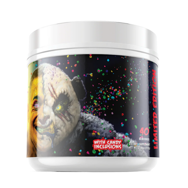 Panda Supps X HTLT Supps Alter Ego Preworkout Panda Supps side of tub witht he words "with candy inclusions" and "40 servings"