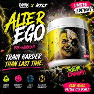 Promotional graphic for Panda Supplements x HTLT Supplements ALTER EGO Sour Candy pre-workout. The image features a tub of the limited-edition pre-workout with a split-face character design, colorful candy inclusions bursting from the container, and bold text highlighting energy, pumps, focus, endurance, and Sour Candy flavor. Neon yellow, pink, and white typography over a dark grunge background creates an intense, high-energy gym aesthetic.