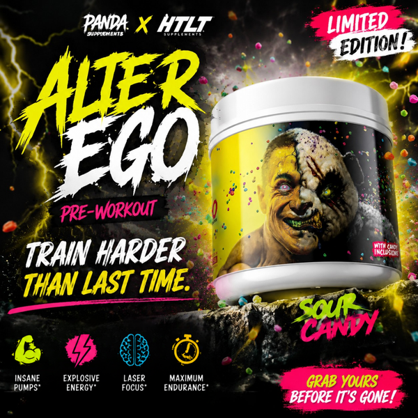 Promotional graphic for Panda Supplements x HTLT Supplements ALTER EGO Sour Candy pre-workout. The image features a tub of the limited-edition pre-workout with a split-face character design, colorful candy inclusions bursting from the container, and bold text highlighting energy, pumps, focus, endurance, and Sour Candy flavor. Neon yellow, pink, and white typography over a dark grunge background creates an intense, high-energy gym aesthetic.