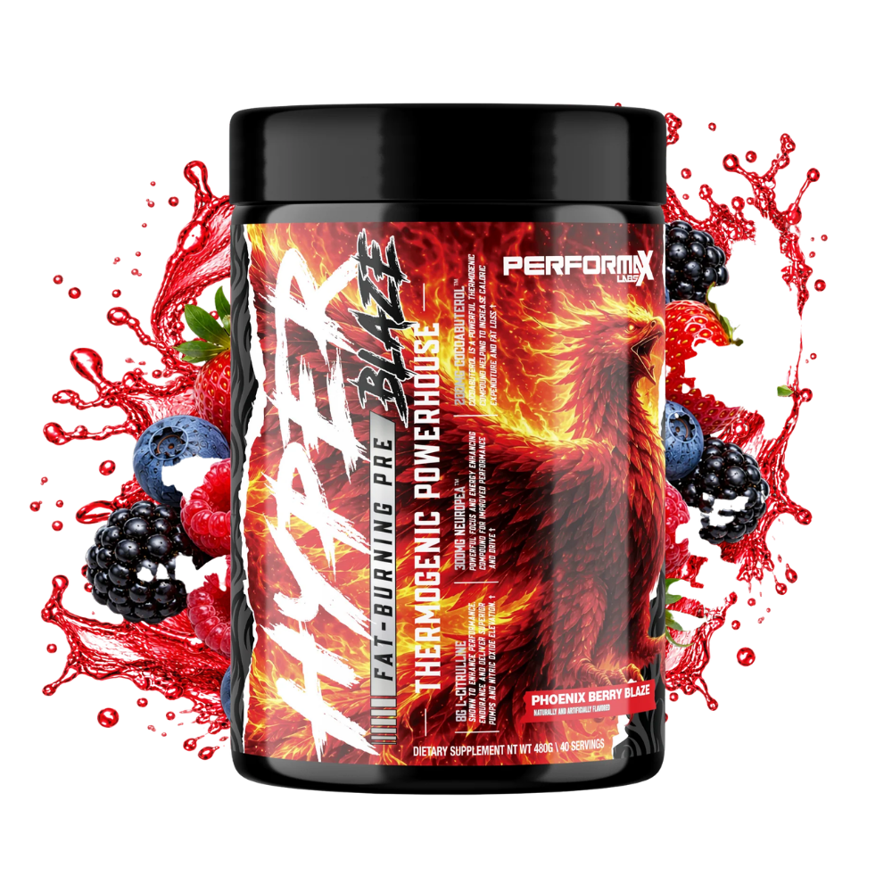 A tub of Performix Hyper Blaze pre-workout supplement with a black lid and a label featuring a fiery phoenix design, surrounded by red berry and fruit splash graphics on a white background.