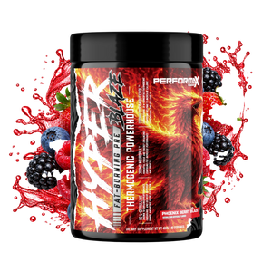 A tub of Performix Hyper Blaze pre-workout supplement with a black lid and a label featuring a fiery phoenix design, surrounded by red berry and fruit splash graphics on a white background.