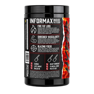A tub of Performix Hyper Blaze pre-workout supplement with a black lid and a label featuring product information and a barcode on a white background.