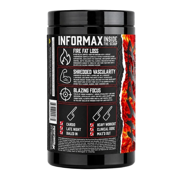 A tub of Performix Hyper Blaze pre-workout supplement with a black lid and a label featuring product information and a barcode on a white background.