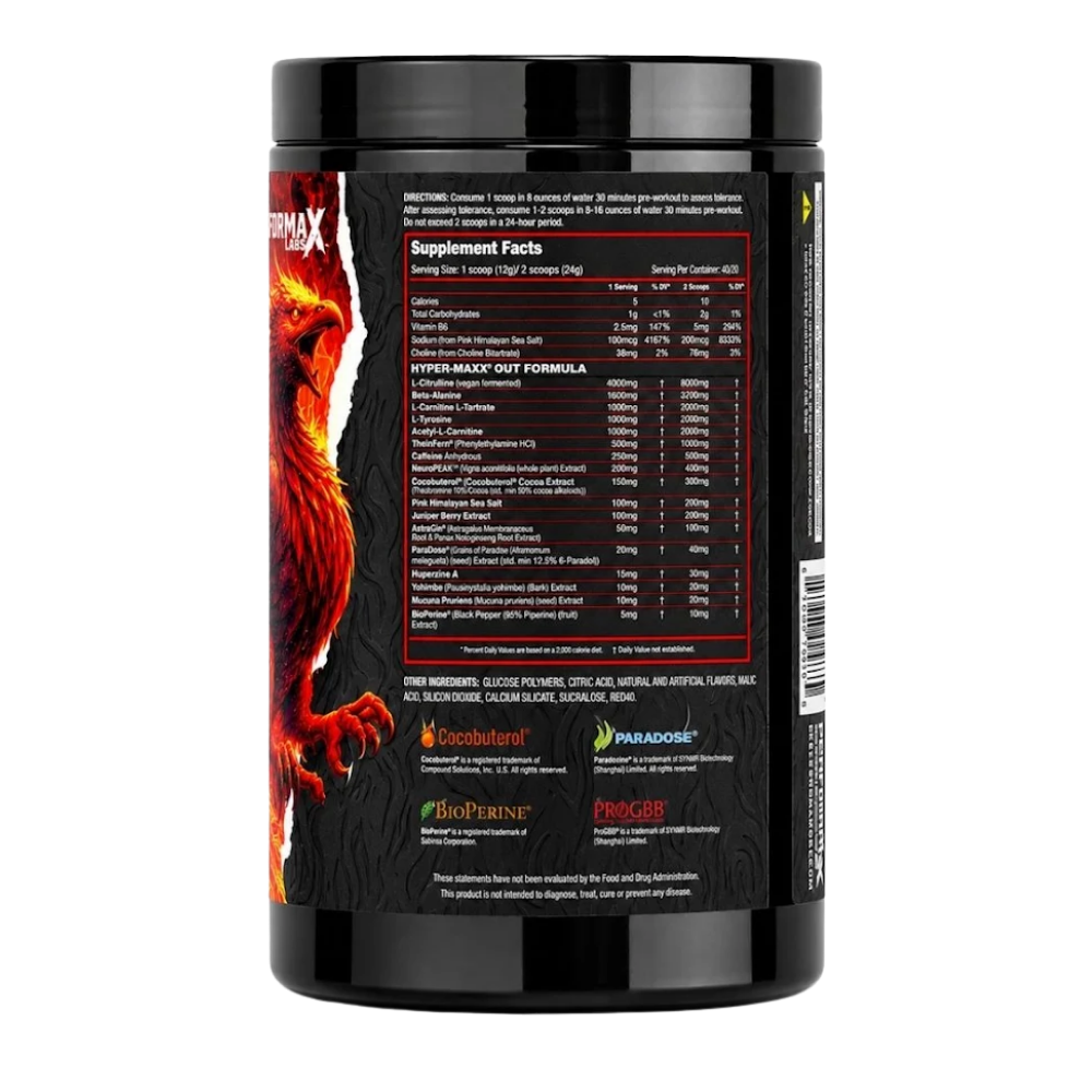 A tub of Performix Hyper Blaze pre-workout supplement with a black lid and a label featuring a fiery phoenix design, surrounded by red berry and fruit splash graphics on a white background.