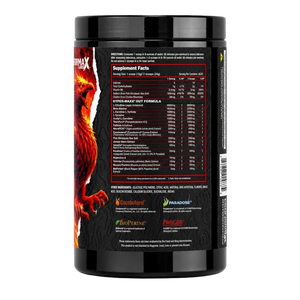 A black plastic tub of Redmax Protein powder, showing the back label with supplement facts, ingredients, and logos including BioBrute, Paradise, and PreGluco.
