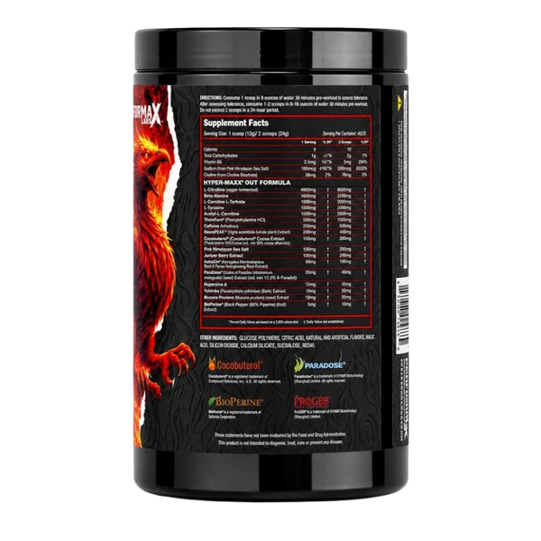 A black plastic tub of Redmax Protein powder, showing the back label with supplement facts, ingredients, and logos including BioBrute, Paradise, and PreGluco.