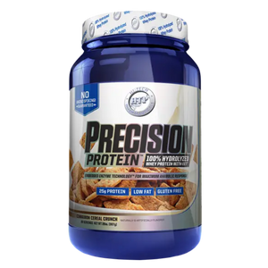 Blue container of Precision Protein with a white label on a white background