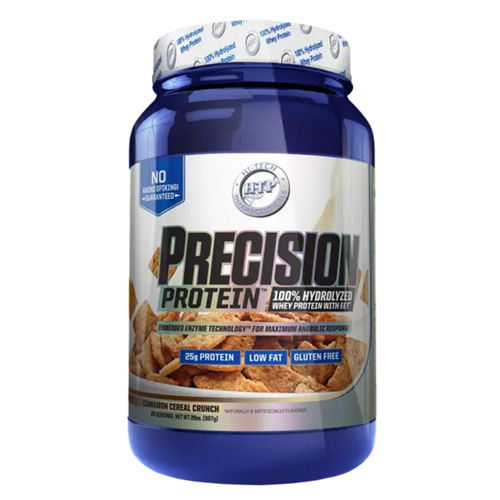 Blue container of Precision Protein with a white label on a white background