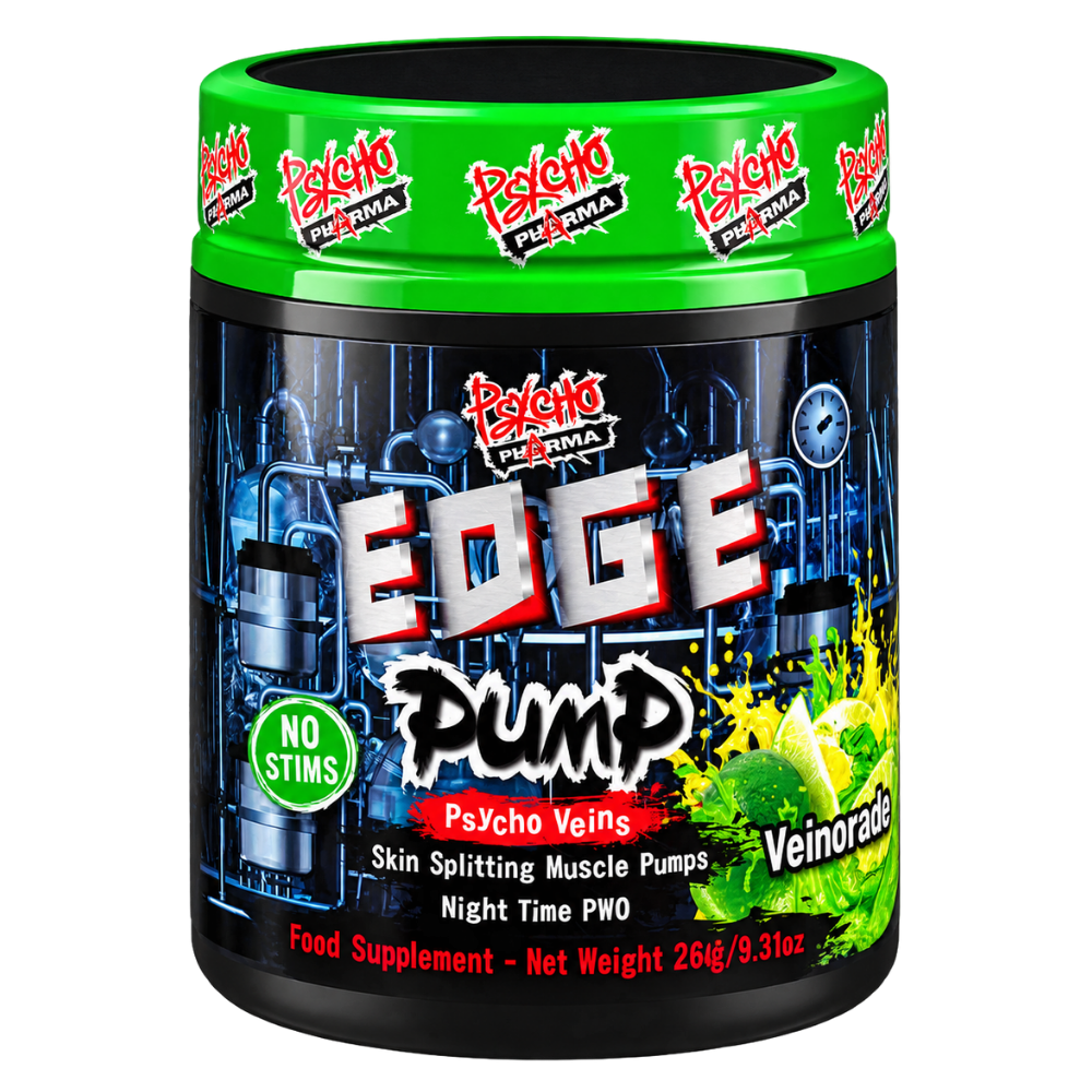 Psycho Pharma Edge Pump 264 Grams tub in the Veinorade flavor on a white background.